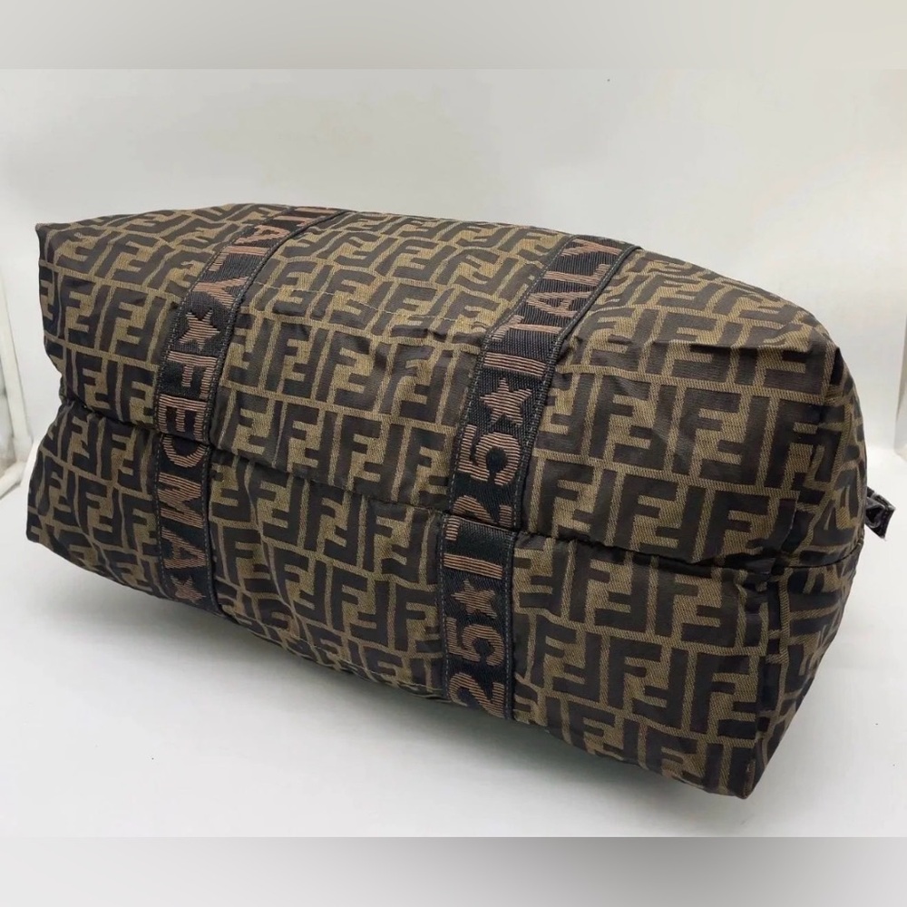 Fendi Zucca Duffel Bag Brown Canvas Leather Trim Travel Boston - Picture 7 of 11